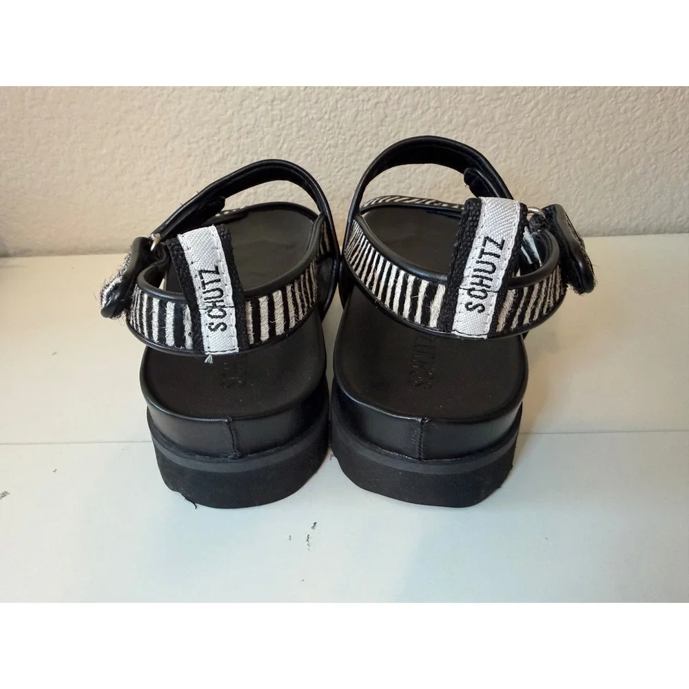 Schutz Black White Striped Calf Hair Platform Slingback Sandals Womens 9.5B